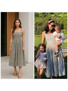 Rare Coco Shop Daisy Print Midi Dress Floral Gathered Sundress Size M​